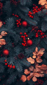 Deep spruce branches cradle red berries and ornaments