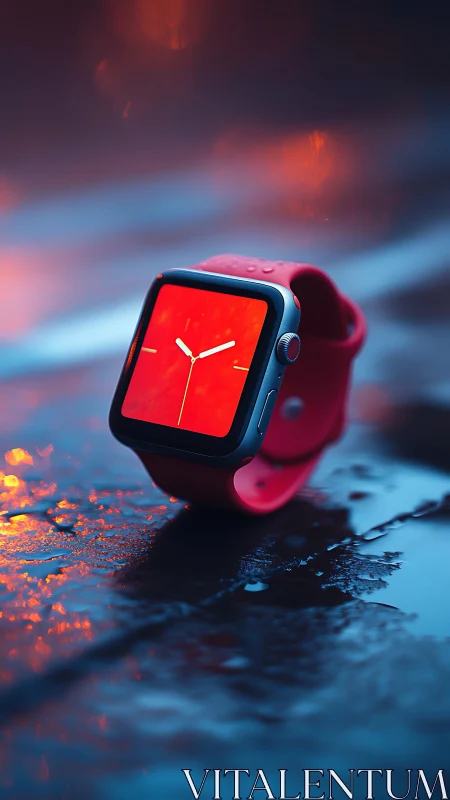 Neon‑rain smartwatch glowing like a tiny streetlight in dusk.
