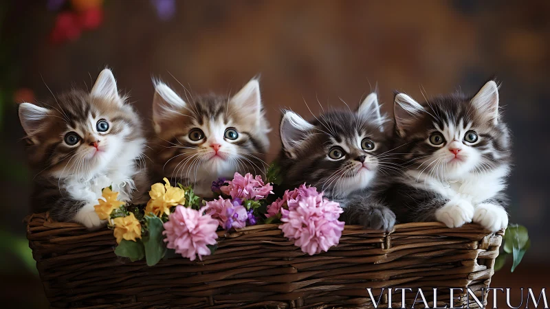 Fluffy Kittens in Wooden Basket with Spring Flowers.