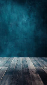 Textured teal wall with weathered wooden floor background.