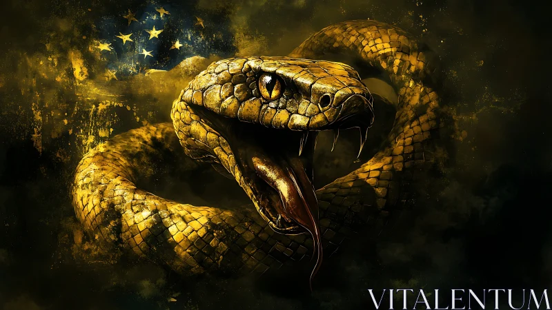 Coiled rattlesnake close-up with distressed flag backdrop