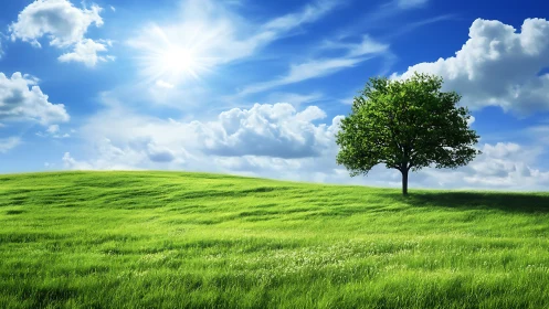 Single tree on green hill under bright midday sun.