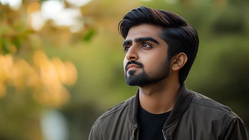 Young man in shallow-depth outdoor portrait studies soft bokeh