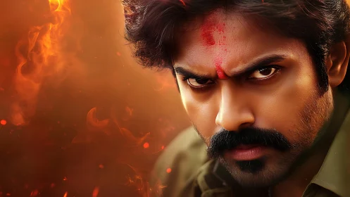 Firelit warrior gaze carves intensity through molten silence