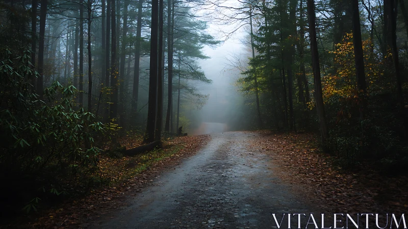 Misty forest road with converging tree lines and autumn ground cover.