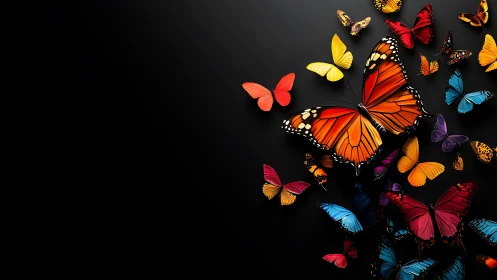 Radiant monarch butterflies drift across deep black space.