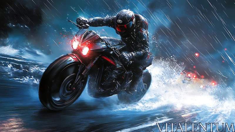 Motorcyclist cornering on wet urban road in heavy rain.