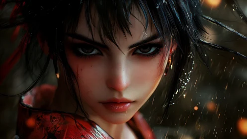 Fierce cyberpunk warrior under rain with burning gaze.