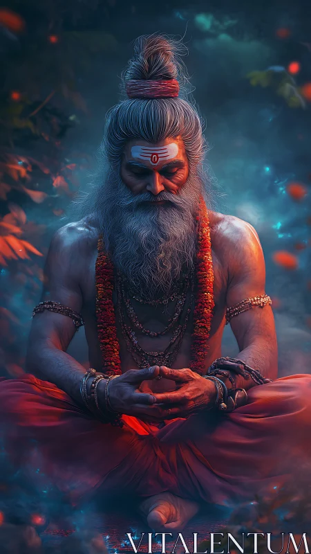 Mystic yogi meditates in glowing forest twilight aura