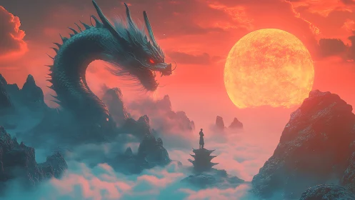 Colossal celestial dragon over misty peaks at molten sunset