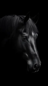 Gentle black horse portrait glowing softly in the dark.