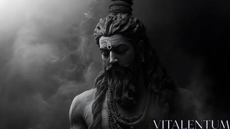 Monochrome digital figure of meditative long-haired man