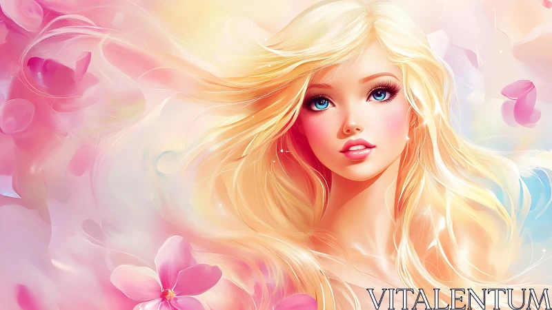 Softly glowing blonde girl smiles in a dreamy pastel breeze