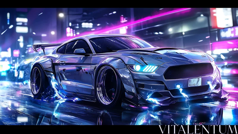 Modified sports car on wet neon city street at night.