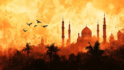 Islamic Architecture Silhouette Against Golden Desert Sky.