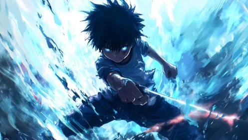 Blue-eyed anime warrior unleashes a fierce energy strike