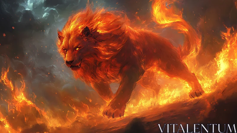 Infernal lion charging through swirling elemental fire.
