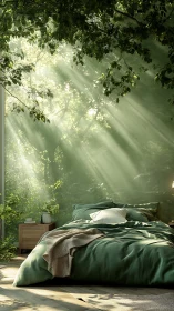 Green bedroom with forest view and soft morning light.