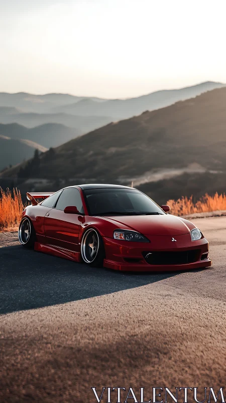 Sunlit red sports car relaxing on a quiet mountain road.