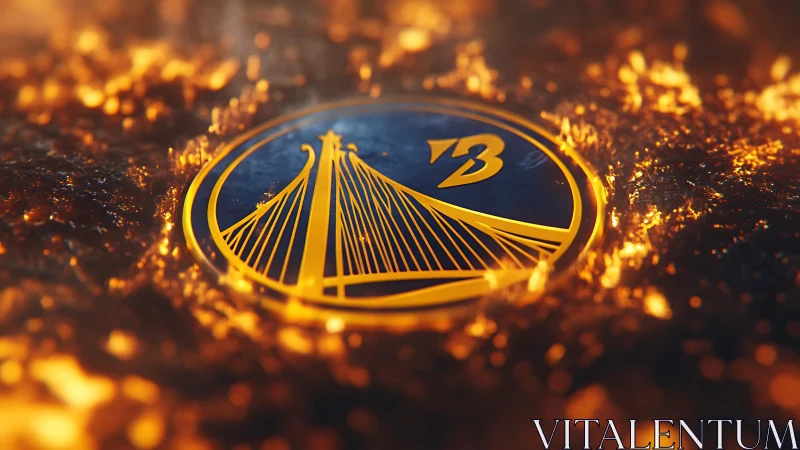 Golden bridge emblem glows amid swirling molten sparks.