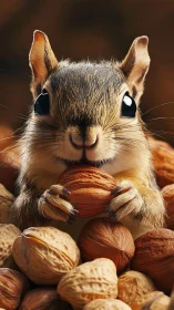 Small chipmunk holding a walnut among mixed whole nuts.