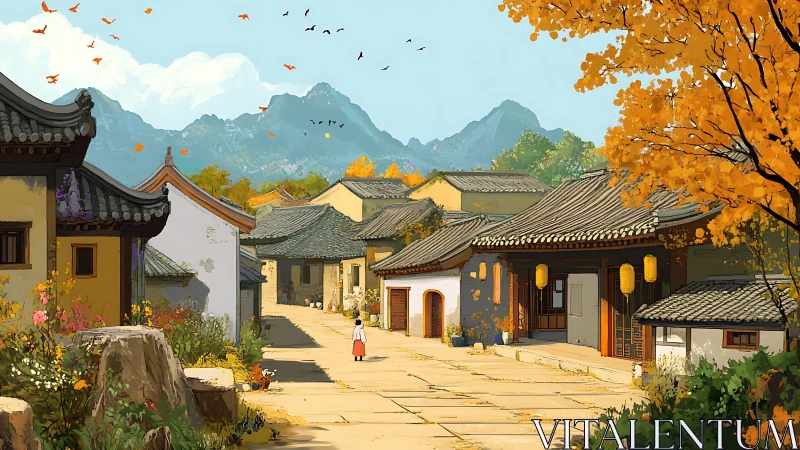 Golden autumn light strolls through a peaceful village lane