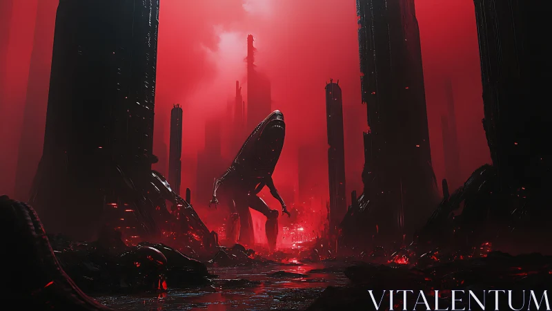 Crimson alien city and quiet lone wanderer in the glow.