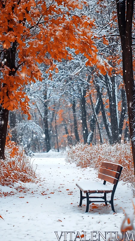 Snow-dusted park bench beneath vivid orange autumn canopy.