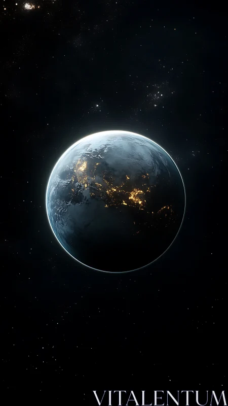 Planet Earth at night in space with city lights glowing.