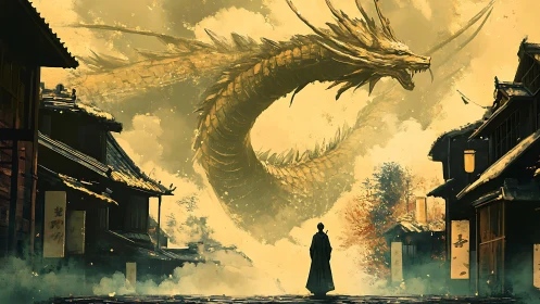 Golden dragon dominates misty Edo street as lone samurai confronts