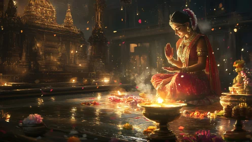 Woman in traditional dress at night temple water ritual.