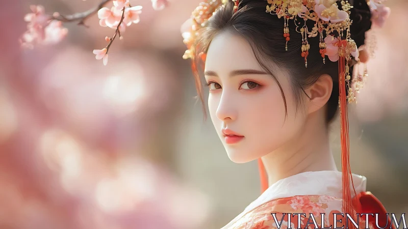 Springtime gaze of a blossom-crowned maiden in silk robes.