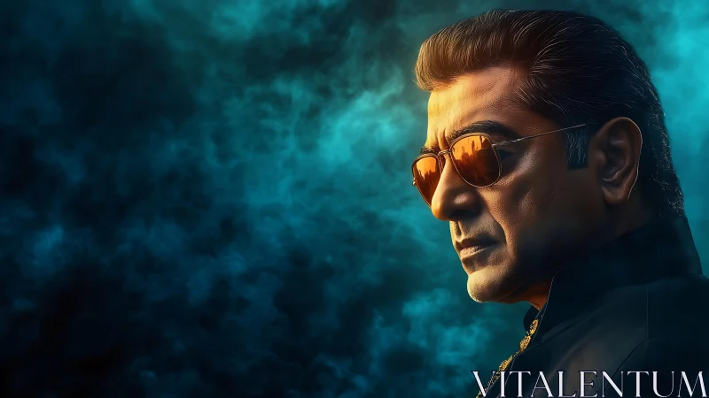 Middle-aged man in sunglasses against teal smoke backdrop.