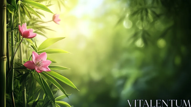 Pink Flowers Bloom Among Bamboo in Golden Sunlight
