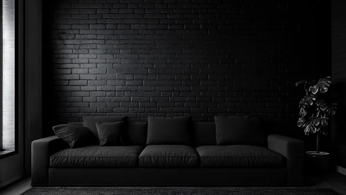 Monochrome minimal sofa against matte black brick wall.