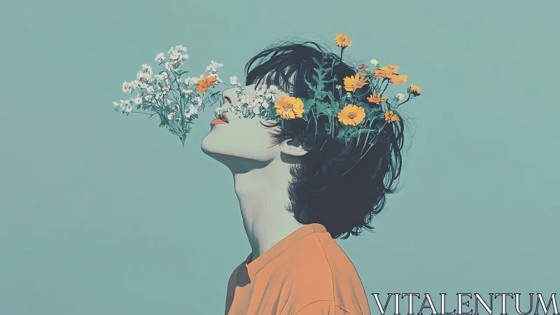 Profile illustration of person with flowers emerging from head.