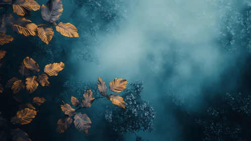 Amber leaves drift above teal mist in a dreamlike forest veil.