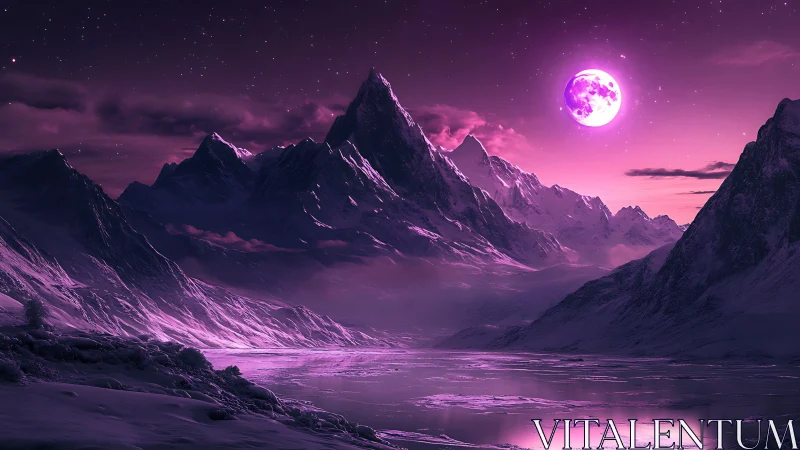 Violet moonlit mountains reflect across frozen mirrored lake.