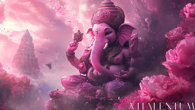 Divine pink Ganesha seated in ethereal floral realm.