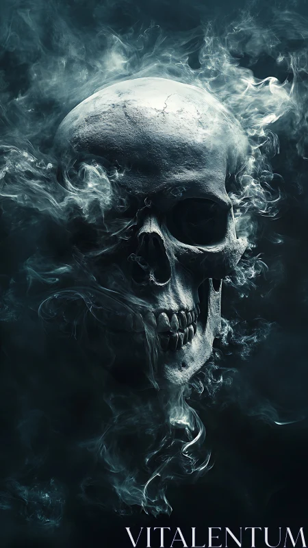 Volumetric lit human skull dissolving into turbulent spectral smoke