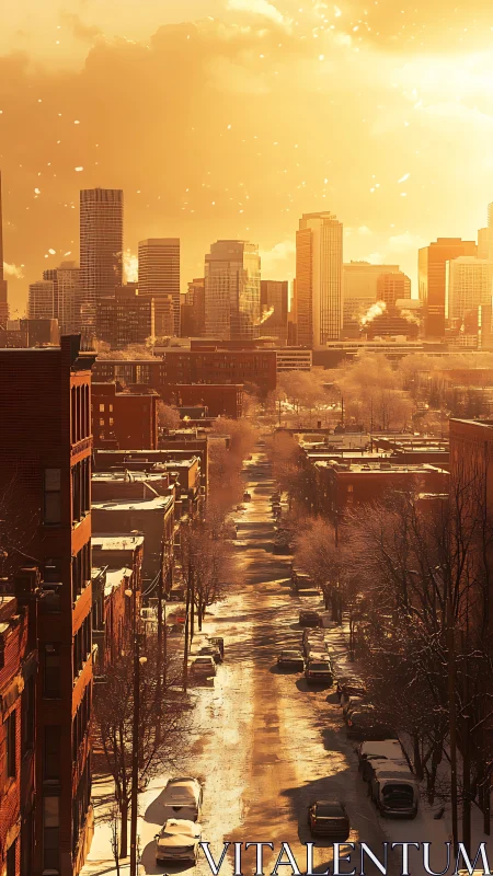 Winter city street recedes toward sunlit high rise skyline