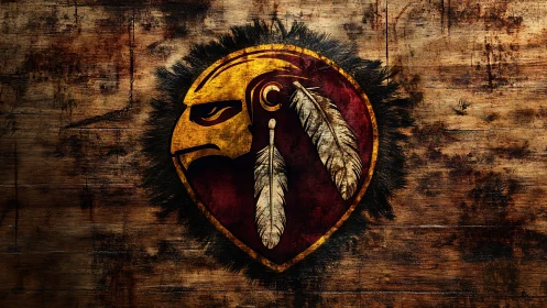 Bold warrior crest glows warmly on rugged wooden boards