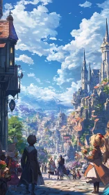 Sunlit fantasy city street with adventurers and spires.