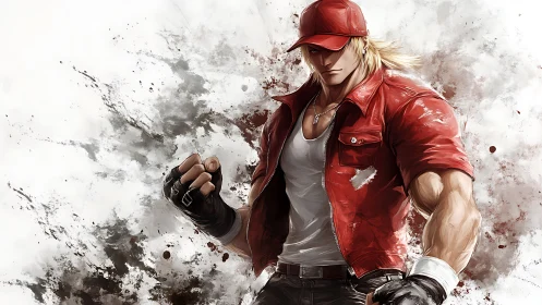 Martial artist in red jacket rendered with dynamic digital brushwork