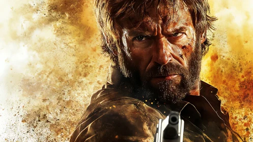 Battle-scarred gunslinger glaring through a storm of embers.