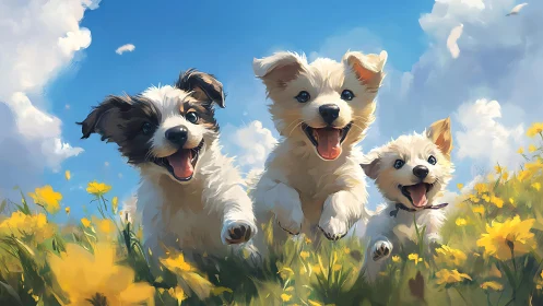 Energetic puppies rendered in high-saturation digital brushwork