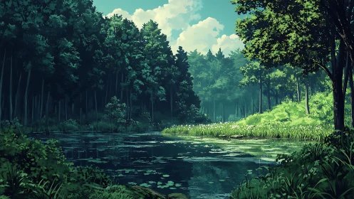 Verdant Forest Sanctuary: Digital Landscape Rendered Through Soft Palettes.