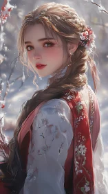 Snowlit woman in floral hanbok turns toward soft winter light