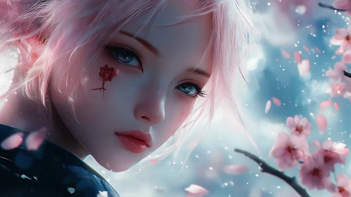 Anime cherry blossom portrait with ethereal bokeh depth.