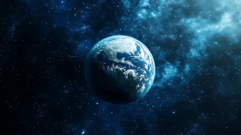 Illuminated Earth globe in deep interstellar starfield expanse